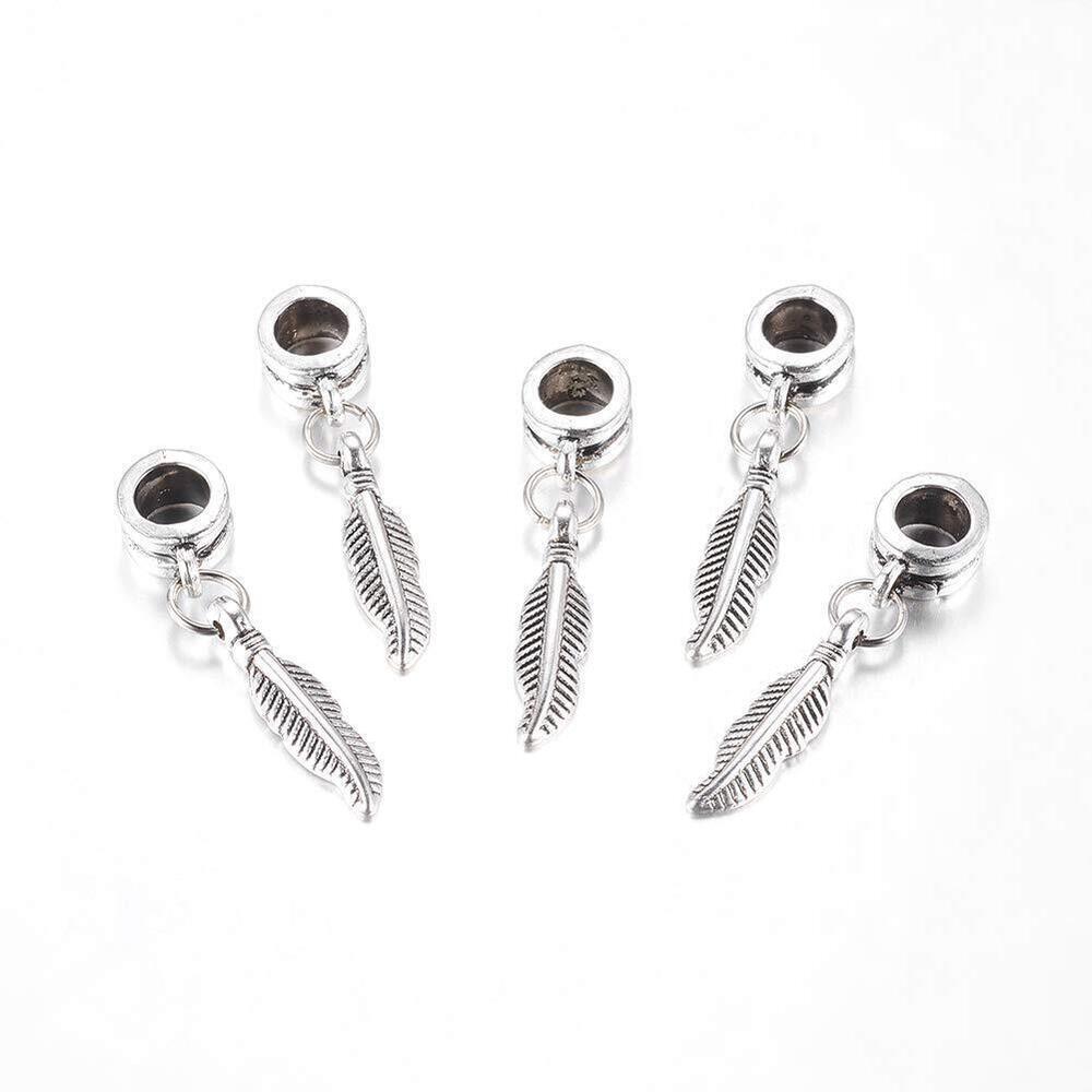 9295 100pcs Antique Silver Feather Pendants European Large Hole Dangle